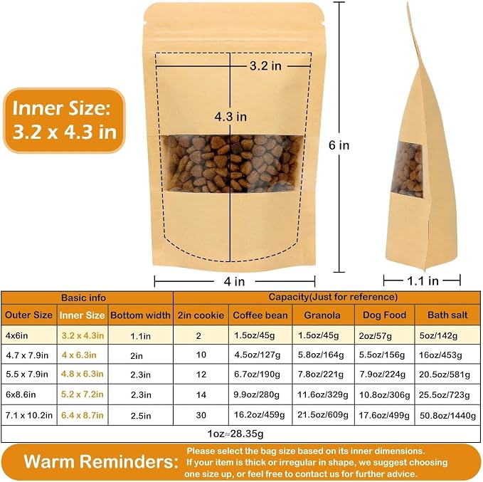 100 Pcs Kraft Paper Resealable Bags for Small Business (3.2 X 4.3 Inches) | Heat Sealable Zip Lock Stand Up Pouches with Clear Window for Food Storage, Samples, Party Favors - Image 2