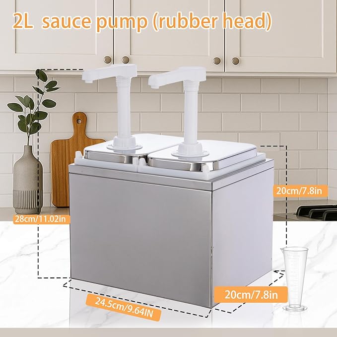 4.23 Quart Condiment Dispenser Pump,Syrup Pump Dispenser with Measuring Cup, Large Capacity Detachable Leak-Proof Design for Sauce, Honey, Syrup,Soy Sauce,Mustard,Cheese (2.11 QT, 2 pumphead)
