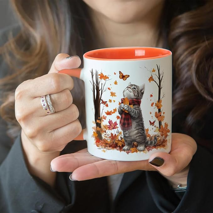 Hyturtle Fall Cat Maple Leaves Coffee Mug with Spoon Gifts on Birthday | Fall Autumn Decor Thanksgiving Gift, Cute Autumn Mug, Durable 11oz ceramic mug, Vivid double-sided print, Comfort grip handle - Image 5