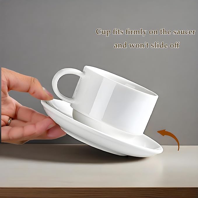 5 Ounce White Porcelain Stackable Espresso Cups with Stainless Steel Holder, Set of 4, Durable Ceramic, Perfect for Home, Office or Gift