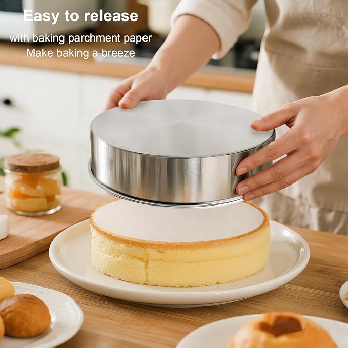 9½ Inch Round Cake Pan, 2PCS Stainless Steel Cake Pans &100 Parchment Paper | Nonstick Circle Round Cake Pans Tins for Birthday Baking Layer Cake, Healthy & Non-Toxic, Silicone Spatula & Dishwasher Safe - Image 6