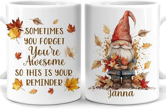 Hyturtle Personalized Fall Gnome Motivational Coffee Mug, Fall Autumn Décor | Gnomes Gifts For Women - Thank You Cup Gifts For Farmhouse Thanksgiving - Custom Name 11oz White Ceramic Coffee Tea Mug by Hyturtle