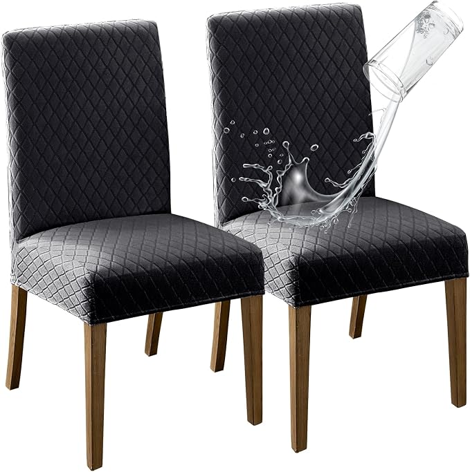 MOSAYT 100% Waterproof Dining Room Chair Covers Set of 2, Super Fit Stretch Jacquard Parson Chairs Slipcovers Removable Washable Chair Seat Protectors for Home, Kitchen, Banquet (Dark Grey) by MOSAYT