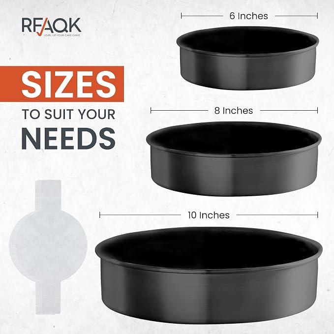 RFAQK Round Cake Pan Set of 3 Non-stick Cheesecake Pan, Leakproof Cake Pans Sets for Baking Includes 3 Round Cake Pans (6" 8" 10") with 60Pcs Parchment Paper Liners, Black - Image 2