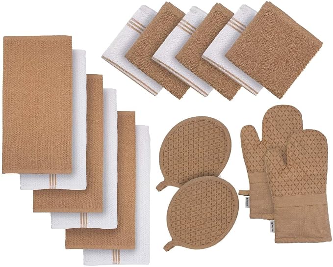 LANE LINEN 16 Piece Kitchen Dish Cloths Set - 100% Cotton Dish Towels, Heat Resistant Kitchen Mittens and Pot Holder Set, Reusable Dish Rags for Washing Dishes, Dish Towels for Kitchen Drying - Beige by LaneLinen