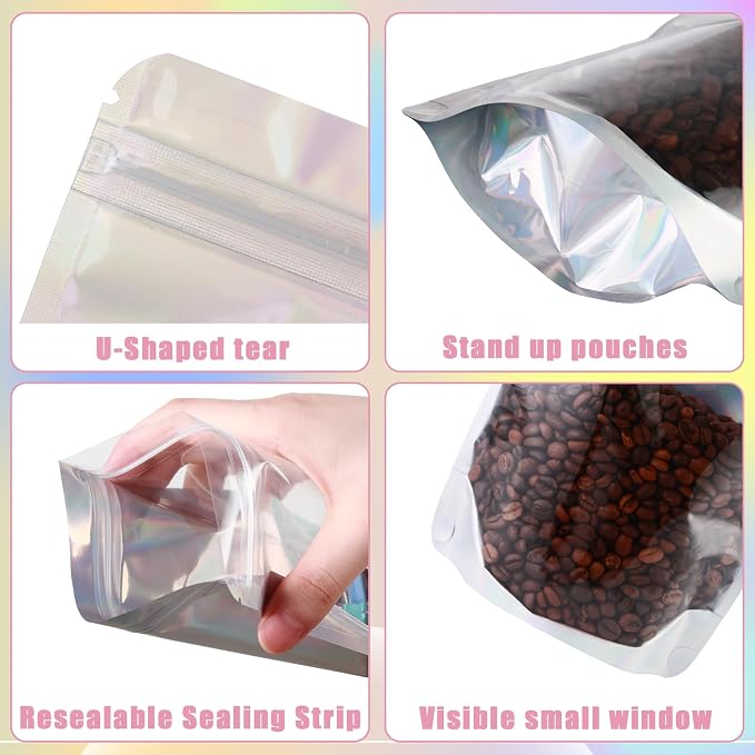150 Pcs Mylar Bags for Food Storage, 5x8 Mylar Bag with Window Stand Up, Small Holographic Resealable Bags Smell Proof Bag Food Packaging for Small Business Freeze Dried Candy Jewelry Foil Packaging - Image 8