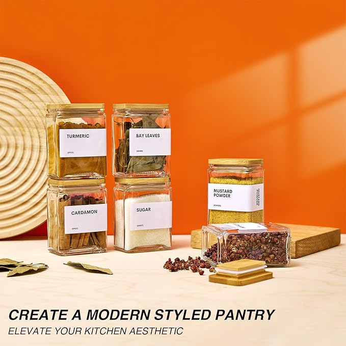 Glass Spice Jars with Bamboo Lid, 4oz Square Spice Containers for Pantry Organization, Seasoning Bottles with Labels, Spoons, Funnel for Salt Sugar - Image 5