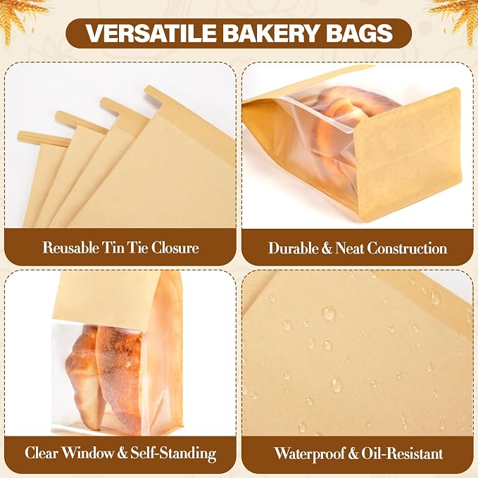 150 Pack Kraft Paper Bakery Bags with Window, 3.9x5.1x11 Inches Tin Tie Tab Lock Resealable Bread Bags for Homemade Cookies, Pastry, Loaf, and Food Packaging Storage - Image 3
