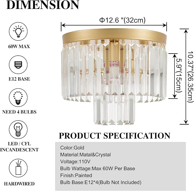 12.6" 4 Light Gold Crystal Ceiling Light for Dining Room | K9 Crystal, Stainless Steel, 2 Tier, E12 Base, Flush Mount, for Kitchen Island Living Room Bedroom Entryway - Image 2