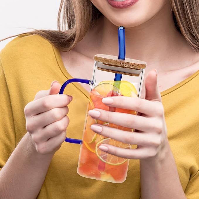 Luxshiny High Temperature Resistant Transparent Glass Cup with Lid and Straw Black Square Tumbler for Iced Coffee Juice Tea Milk Drinking Bottle with Handle for Students and Summer Use