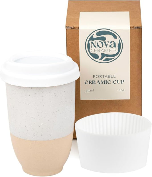 NOVA CERAMICS Travel Mugs - Reusable Coffee Cup – Cute Coffee Mugs Travel Coffee Tumbler – Microwave & Dishwasher Safe To Go Coffee Mug- Gifts For Women Men Him Her – 12oz - Dune by NovaCeramics
