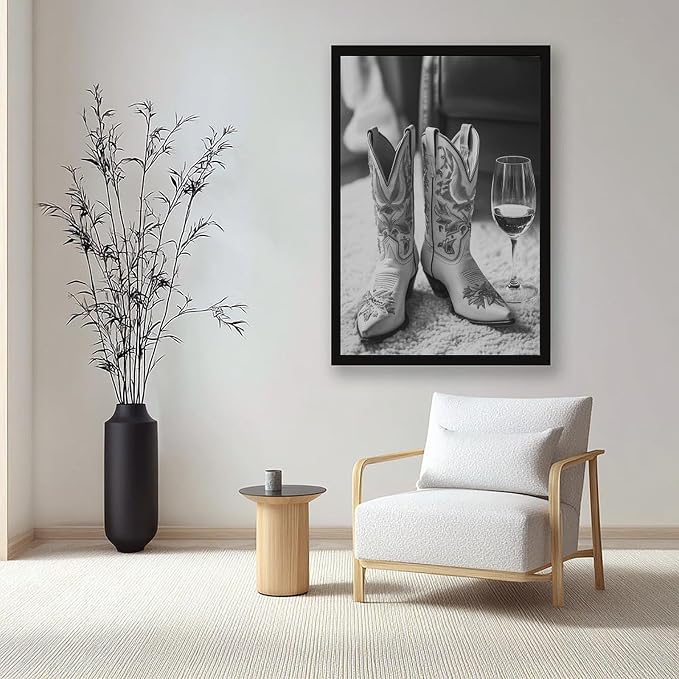 UXCBIA Cowboy Boots And Wine, Black And White, Stylish Vintage Country Poster Canvas Poster Wall Art Decor Print Picture Paintings for Living Room Bedroom Decoration Black Frame 16x24in(40x60cm) - Image 7