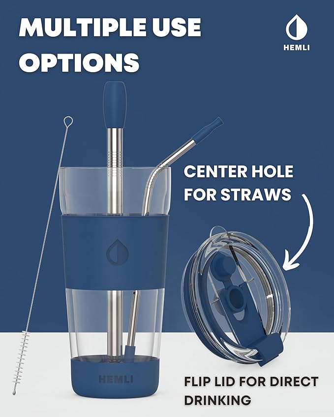 19 oz. Double Wall Glass Coffee Tumbler, To Go Travel Mug with Lid, Portable Glass Thermos with Straw, Reusable Cup, Tea, Smoothies, Ice Coffee, and Boba