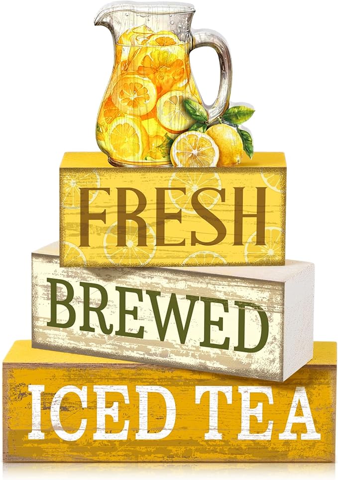 Moucuny 4 Pcs Summer Lemon Decor Summer Table Decorations Fresh Brewed Iced Tea Wooden Stacked Block Decor Rustic Summertime Tiered Tray Decoration for Kitchen Counter, Coffee Bar, Dining Table by Moucuny