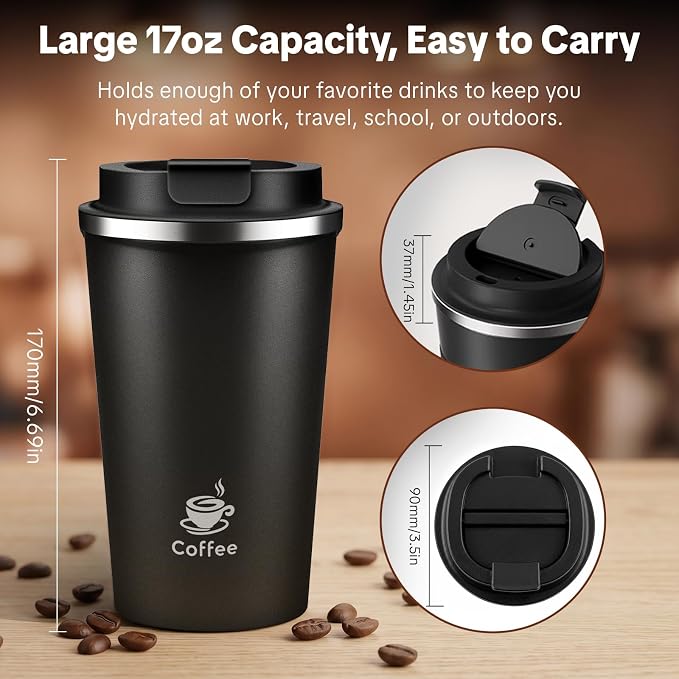 17oz Travel Coffee Mug ,Leakproof Vacuum Coffee Cup Insulated Tumbler | 304 Stainless Steel, Double-Wall Vacuum Insulated, Leakproof, Fits Hot & Cold Drinks Car Cup Holders, Travel, Office - Image 2