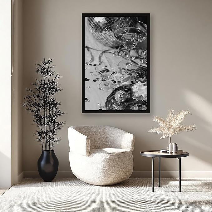 UXCBIA Disco Party, Champagne And Mirror Ball, Black And White, Wine Glasses Poster Canvas Poster Bedroom Decor Sports Landscape Office Room Decor Gift Black Frame 24x36in(60x90cm) - Image 8
