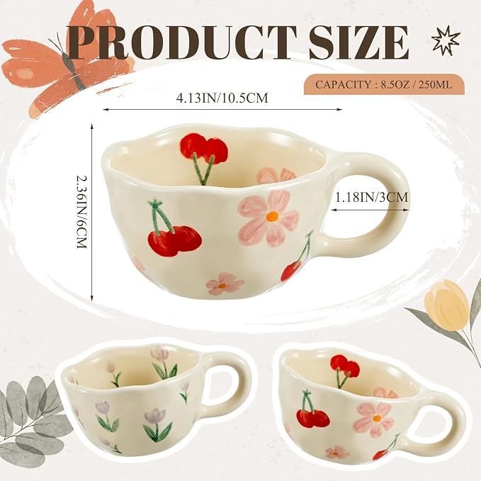 Vesici 2 Pcs Ceramic Coffee Mugs with Spoon, Vintage Floral Spring Mugs with Handle, 8.5 oz Aesthetic Flower Porcelain Tea Cup Set, Dishwasher & Microwave Safe Mothers Day Gifts for Mom(Cute) - Image 2