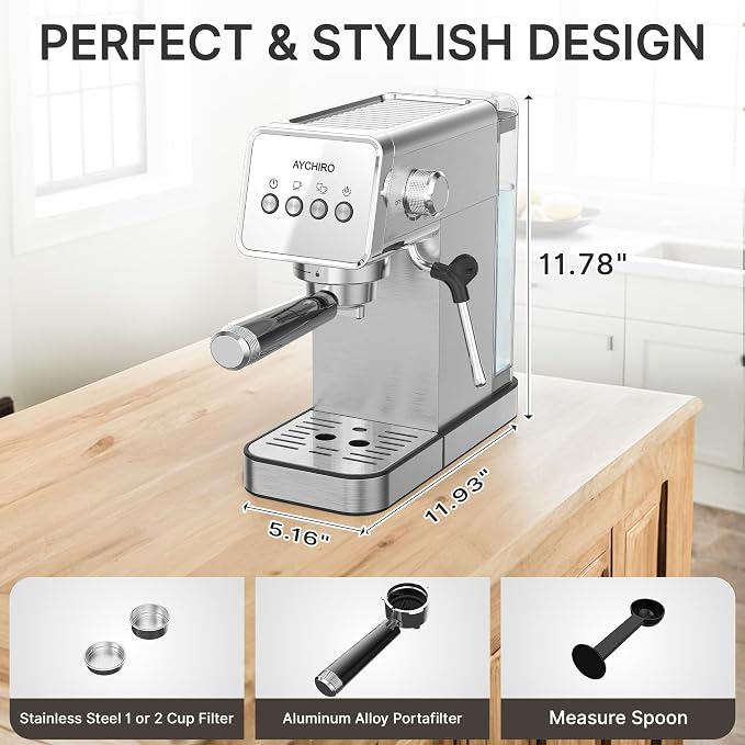 AYCHIRO 20-Bar Espresso Machine with Milk Frother, Professional Espresso Coffee Machine for Home, Stainless Steel Cappuccino Maker, Removable Water Tank & Drip Tray, Silver - Image 7