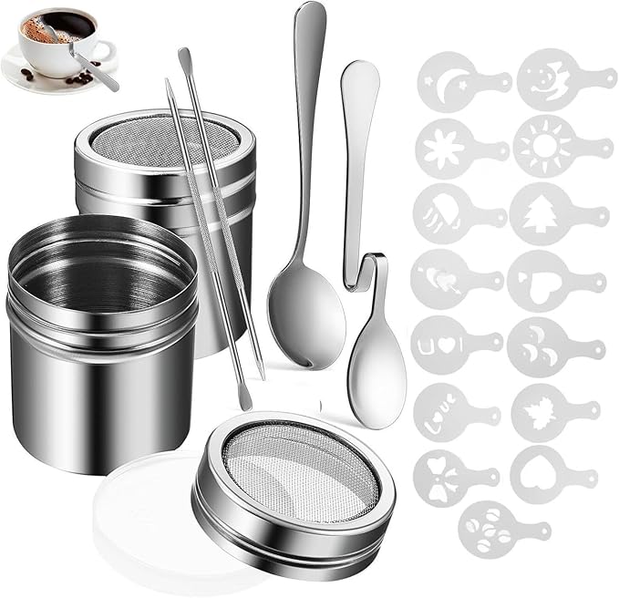 Coffee Decorating Stencils, Coffee Carving Pen Set, Portable Stainless Steel Latte Art Pen, Coffee Shaping Tool with Powder Shaker Spoons