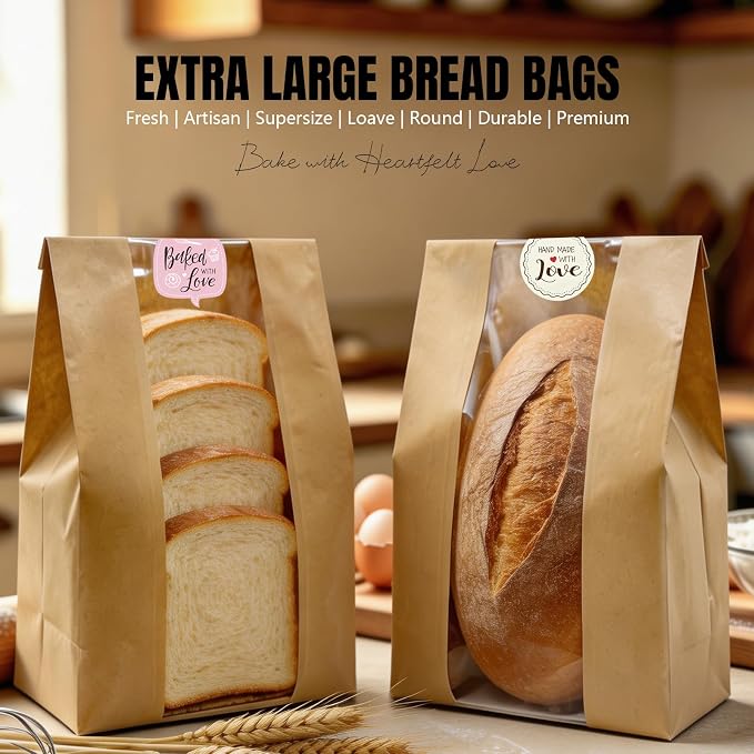 Extra Large Paper Bread Bags for Homemade Bread with Window & Sticker for XL Sourdough Breads, Round Loaf, Baked Goods, Oval Loaves, Brown Kraft - 45 Pcs 16x10x5 Inch - Image 3