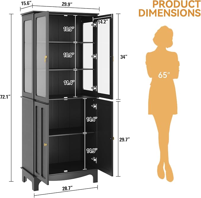 72" Tall Kitchen Pantry Cabinet with Glass Door and Adjustable Shelves, Vintage Food Storage Cabinet for Kitchen, Dining Room, Living Room, Black - Image 2