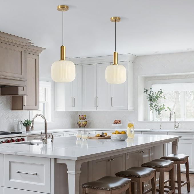 KCO Lighting Vintage Brass Gold 7.9” White Milk Ribbed Glass Pendant Light | E26 Base, Adjustable Cord for Sloped Ceilings, Mid Century Modern Hanging Light Fixture for Kitchen Island Dining Living Room - Image 6