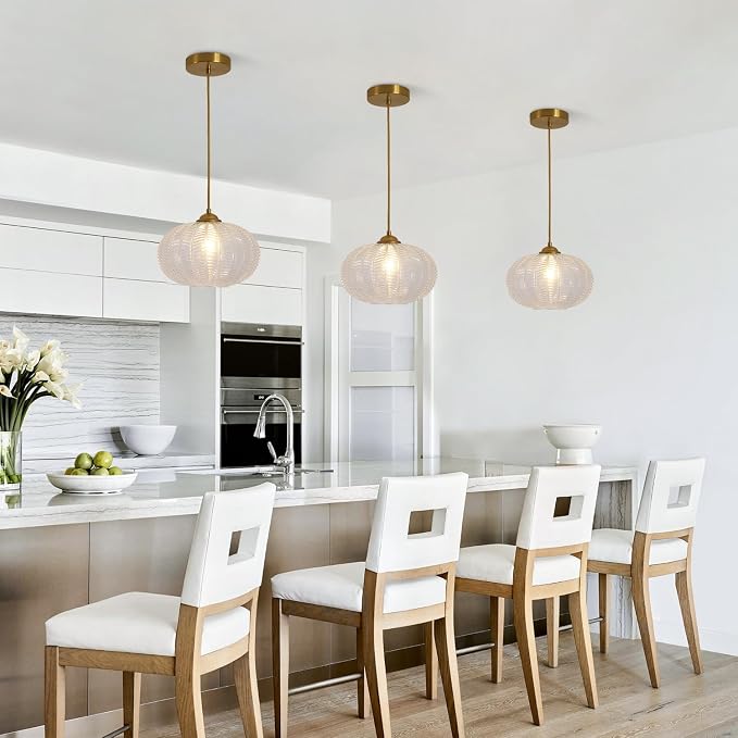 KCO Lighting Clear Ribbed Glass Pendant Light Vintage Brass Gold Pendant Lighting Large Globe Pendant Lights Kitchen Island Mid Century Modern Hanging Light for Living Room - Image 4