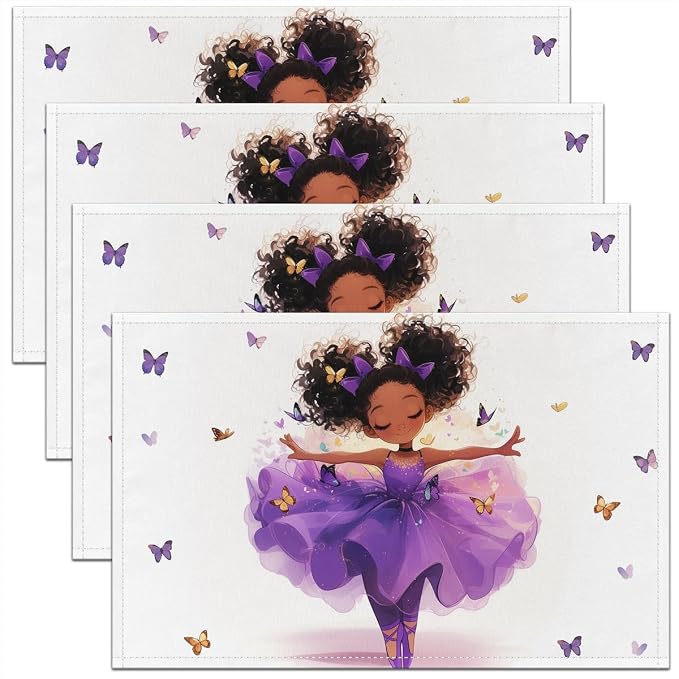 Feelyou Love Gymnastics Placemats Set of 4 Dancer Placemats for Dining Table Indoor Outdoor Kitchen 12"x18" Ballet Table Mats Placemat White Purple Decor Table Place Mats Black Girl by Feelyou