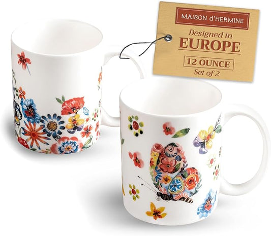 Maison d' Hermine Coffee Mug with Handles Tea Cups (12 Ounce, Pack of 2) | Fine Bone China Coffee Mugs for Hot Beverages Cappuccino Latte Home Restaurant Spring Summer -Happy Florals - High Summer by MaisondHermine