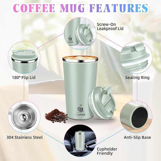 17oz Insulated Travel Coffee Mug with Flip Lid – Leakproof Stainless Steel Insulated Coffee Tumblers, Reusable Coffee Cup for Hot & Cold Drinks, Perfect for Camping & On-the-Go - Image 7