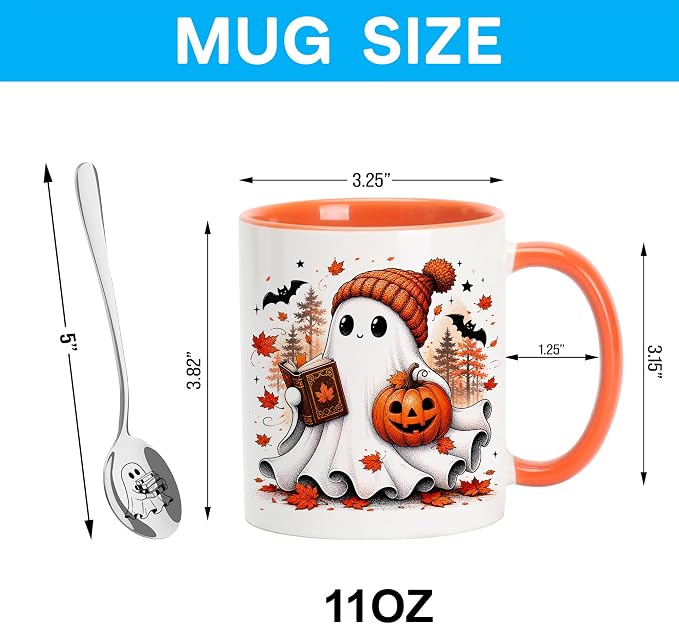 Hyturtle Fall Ghost Coffee Mug with Spoon Gifts for Book Lover on Halloween | Spooky Reading Themed Gifts for Readers, Fall Halloween Decor, Double-sided print 11oz ceramic mug, Comfort grip handle - Image 4
