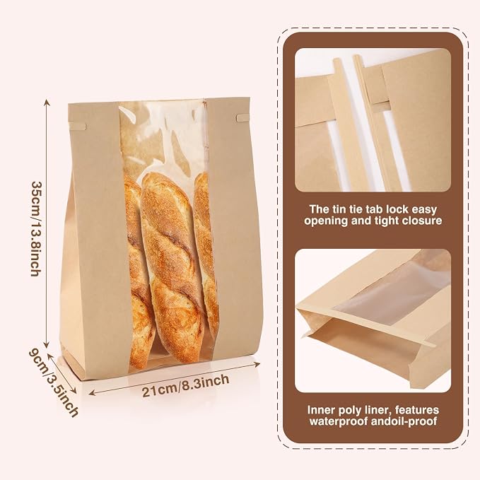 100 Pack Paper Bread Loaf Bakery Bags with Window 13.8x8.3x3.5 Inch Kraft Sourdough Bread Baking Bags for Baked Food Packaging Storage - Image 2