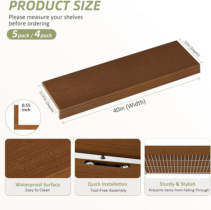 Wire Shelf Covers, Bamboo Wire Rack Covers for Pantry, Closet，Kitchen (5pcs, 40" W x 12" D, Walnut) - Image 2