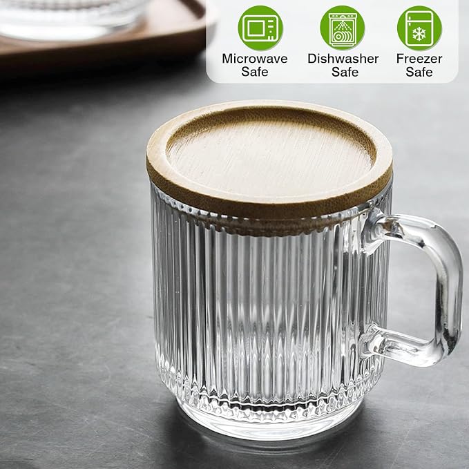 Mfacoy 2 PACK Glass Coffee Mugs with Handle & Spoon, 12 OZ Glass Coffee Cups with Bamboo Lid, Ribbed Glass Cups, Clear Tea Cup for Hot/Cold Beverages, Glassware Set for Americano, Latte, Cappuccino - Image 5