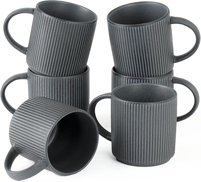 famiware Coffee Mug Set for 6, Star 12 oz Catering Mugs Cup Set with Handle for Coffee, Tea, Cocoa, Milk - Ceramic Stoneware Drinkware Set, Matte Dark Charcoal by Famiware