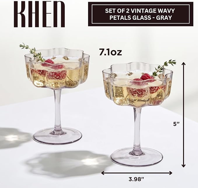 Khen Flower Vintage Wavy Glass Coupes Martini, Champagne & Cocktail Coupes - Set of 2-7oz Colorful Cocktail Glasses & Champagne, Prosecco, Mimosa Glassware Copyright Design - Gray - Image 2