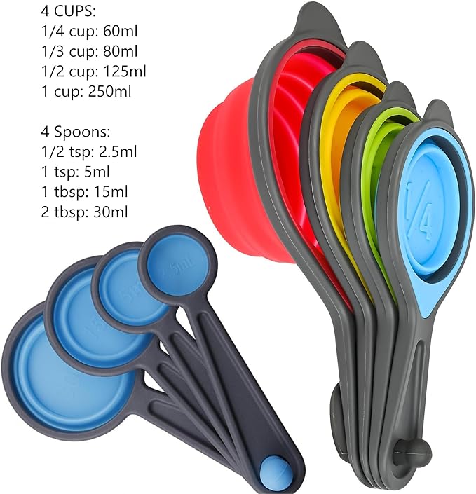 Measuring Cups and Spoons Set of 8, Silicone Collapsible Measuring Cups and Spoons for Baking&Kitchen, Engraved Metric/US Markings for Liquid&Dry Measuring, Space Saving, BPA Free, Colorful