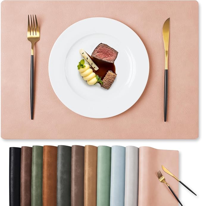 MOSAYT Vinyl Placemats Set of 8-12 X 17 Inch - Faux Leather 100% Waterproof Oil-Proof Wipeable PU Place Mats, Heat Resistant Reversible Table Mats for Kitchen, Dining, Outdoor, Pink by MOSAYT