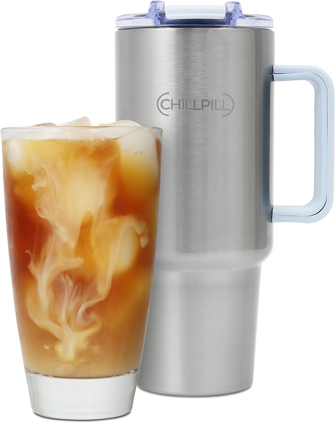 CHILLPILL GO Iced Coffee Chiller - Stainless Steel Cup Iced Coffee Maker & Espresso Chiller, Fast Cooling Cold Brew Coffee Maker, Instant Drink Chiller with Lid & Straw, Ice Coffee Chiller On-the-Go
