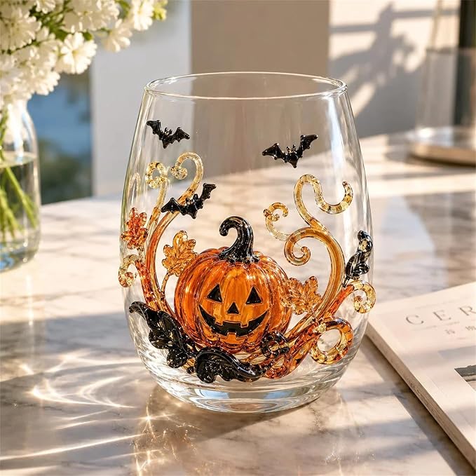 3D Halloween Artisan Glassware Collection, Premium Handleless Glass with Ghost, Pumpkin, Spider & Black Cat Gothic Style Artistic Glass Wine Goblet Designs, for Party & Cozy Fall Home Bar (#A) by Unknown