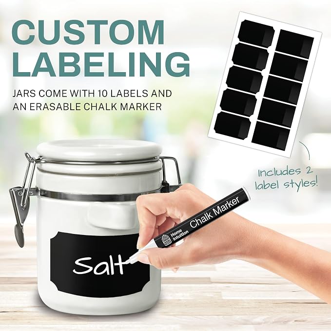 Home Intuition 4-Piece Ceramic Kitchen Canisters Set, Airtight Containers with Wooden Spoons Reusable Chalk Labels and Marker for Sugar, Coffee, Flour, Tea (White) - Image 2
