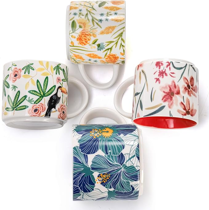 Frcctre Set of 4 Ceramic Coffee Mug Set, Large 15 Ounce Ceramic Tea Cup with Handle, Vintage Hand Painted Floral Porcelain Mug Colorful Restaurant Mug for Coffee, Tea, Milk, Hot Cocoa - Image 4