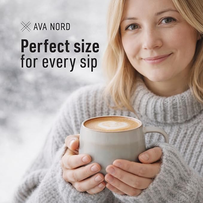 Ava Nord Large Stoneware Ceramic Coffee Mugs Set of 4-16 oz - Sage Ash | Lead-Free, Non-Toxic, Freezer - Microwave & Dishwasher Safe, Comfortable Handle, Aesthetic Nordic Design for Tea, Cappuccino - Image 4