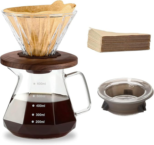 Pour Over Coffee Maker, 20 oz Borosilicate Glass Carafe with 100 pcs Size 02 Paper Filter, Walnut Handle & Glass Lid, 600 ml, Clear