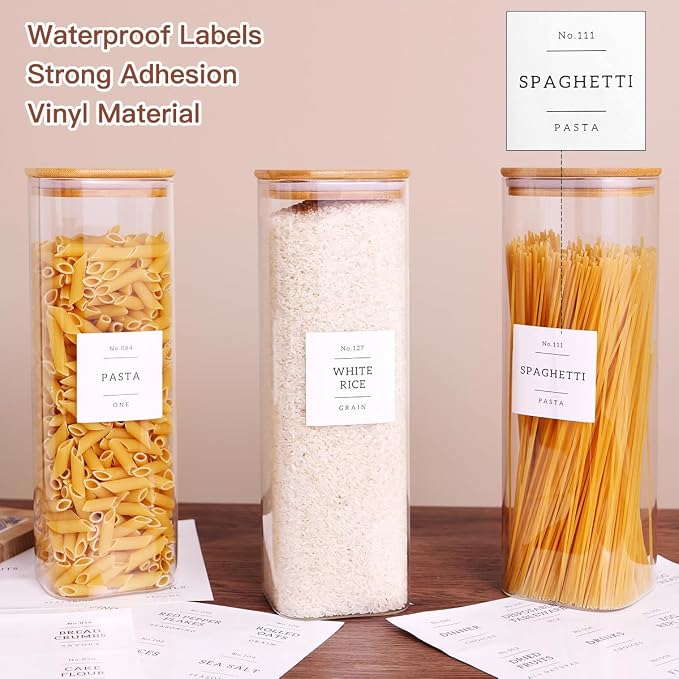 CZZGSM 3 Pack Square Kitchen Storage Jars with Airtight Bamboo Lids and 132 Pantry Labels - 80oz Glass Canisters with Wood Lids - Food Storage Containers for Spaghetti, Pasta, Fettuccine - Image 3