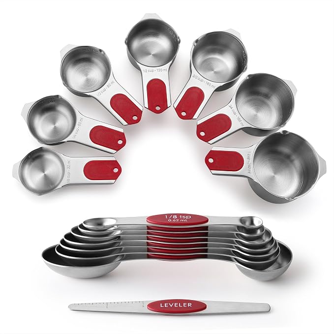Spring Chef Magnetic Measuring Cups & Spoons Set of 15, Patented, Red | Stackable Stainless Steel Measuring Cups & Heavy Duty Metal Measuring Spoons with Levelers for Dry & Liquid Ingredients by SpringChef