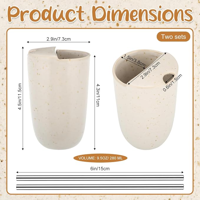 2 Pack Ceramic Coffee Mug with Sip Hole 9.5oz Retro Espresso Cup Travel Mug Hand-painted Porcelain Coffee Tea Cup Novelty for Kitchen Milk Juice Cappuccino Latte (Beige) - Image 2