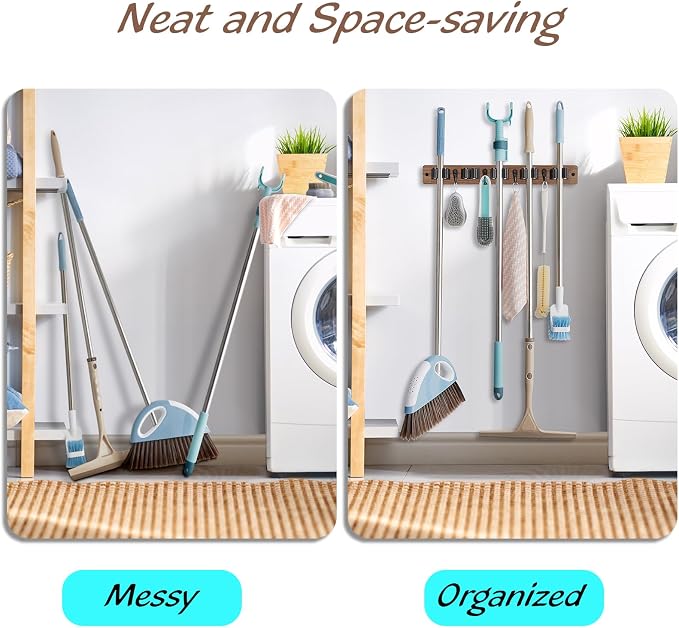 OUTNILI Mop and Broom Holder Wall Mount - Wood Broom Mop Hanger - Wall Mounted Garden Tool Rack Organizer for Closet Garage Laundry Room for Rustic Kitchen Decor With 5 Slots & 4 Hooks - Image 4
