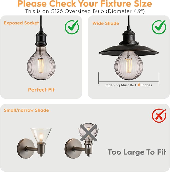 G125 Edison LED Bulb,4W Dimmable E26,2200K Smoke Striated Glass | Vintage Oversized Large Edison Bulb, Soft Warm Lighting, Dim, Widely Used In Stores, Coffee Shops & Indoor Outdoor Scenes - Image 3
