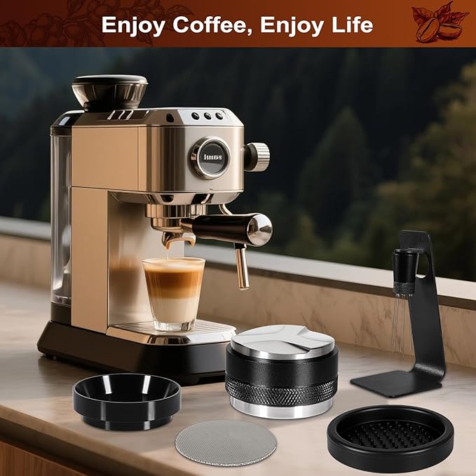 Espresso Accessories Kit 58mm, Coffee Distributor and Tamper Leveler, 316 Stainless WDT Tool with Magnetic Stand, Puck Scree and Dosing Funnel Set Fits Espresso Machine Press and 58mm Portafilters